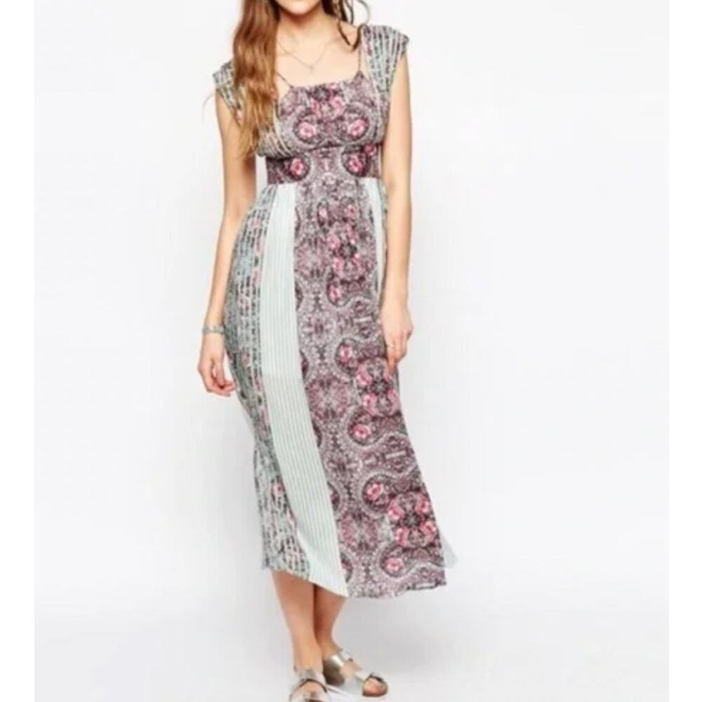 Free People Mayan Temple Printed Midi Dress Size 4 Bohemian Stripes Boho Casual